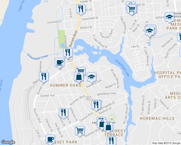 map of restaurants, bars, coffee shops, grocery stores, and more near 1910 West Lake Shore Drive in Wilmington