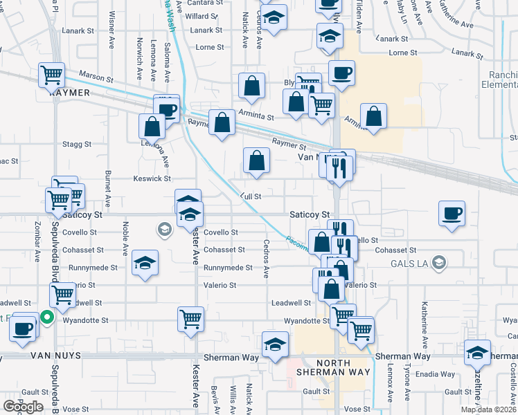 map of restaurants, bars, coffee shops, grocery stores, and more near 14715 Saticoy Street in Los Angeles