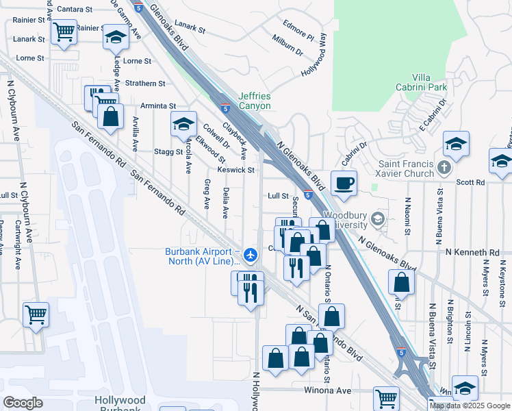 map of restaurants, bars, coffee shops, grocery stores, and more near 7611 North Hollywood Way in Burbank