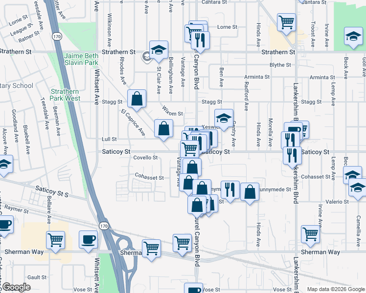 map of restaurants, bars, coffee shops, grocery stores, and more near 7608 Ani Way in Los Angeles