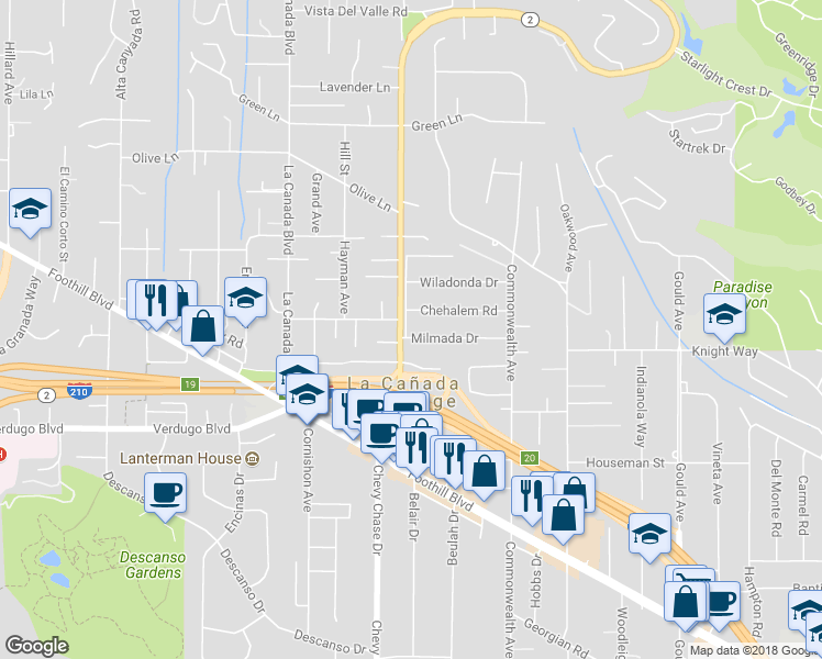 map of restaurants, bars, coffee shops, grocery stores, and more near 941 Milmada Drive in La Cañada Flintridge