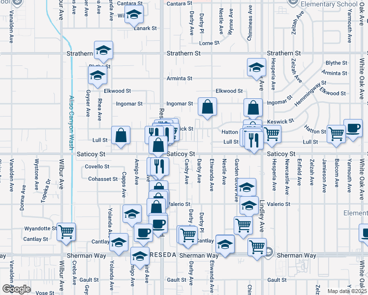 map of restaurants, bars, coffee shops, grocery stores, and more near 18425 Saticoy Street in Los Angeles