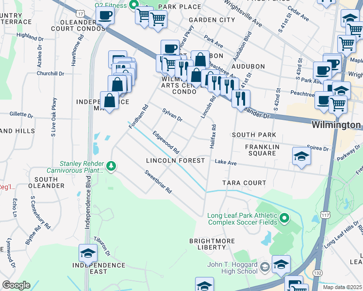 map of restaurants, bars, coffee shops, grocery stores, and more near 1706 Lincoln Road in Wilmington