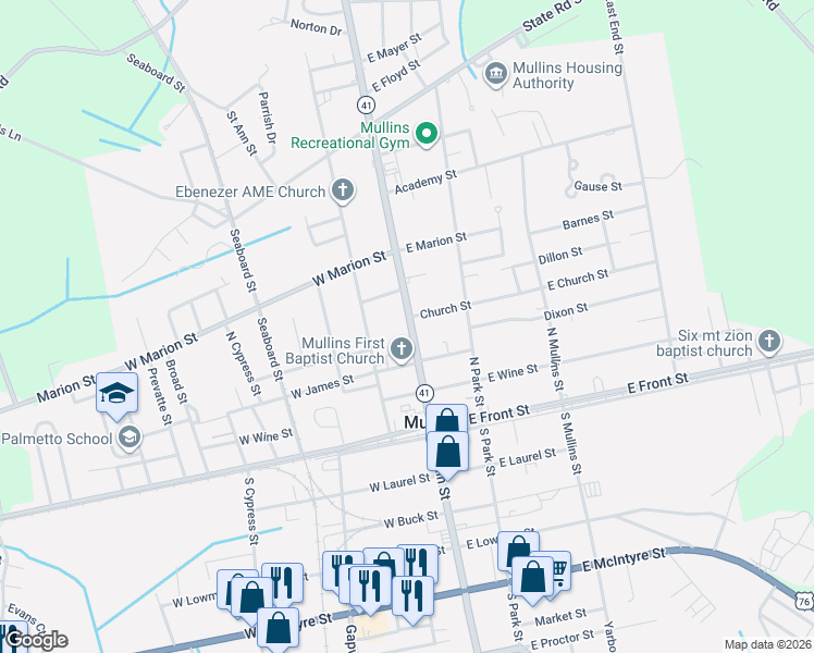 map of restaurants, bars, coffee shops, grocery stores, and more near 313-399 North Main Street in Mullins