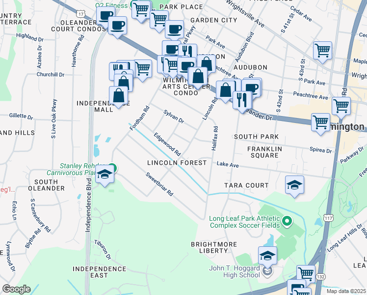 map of restaurants, bars, coffee shops, grocery stores, and more near 1706 Lincoln Road in Wilmington