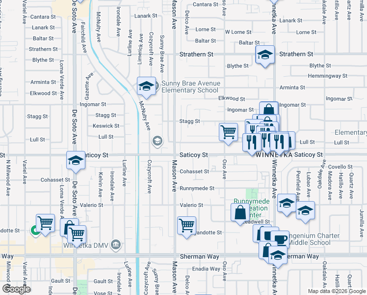 map of restaurants, bars, coffee shops, grocery stores, and more near 20445 Saticoy Street in Los Angeles
