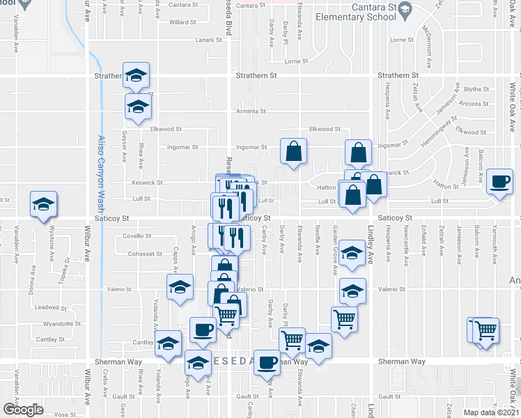 map of restaurants, bars, coffee shops, grocery stores, and more near 18425 Saticoy Street in Los Angeles