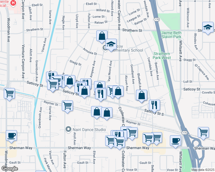 map of restaurants, bars, coffee shops, grocery stores, and more near 13001 Lull Street in Los Angeles