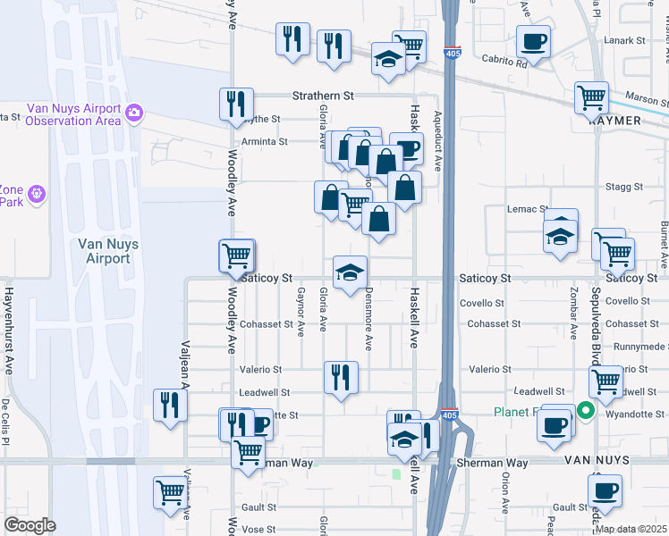 map of restaurants, bars, coffee shops, grocery stores, and more near 15847 Saticoy Street in Los Angeles
