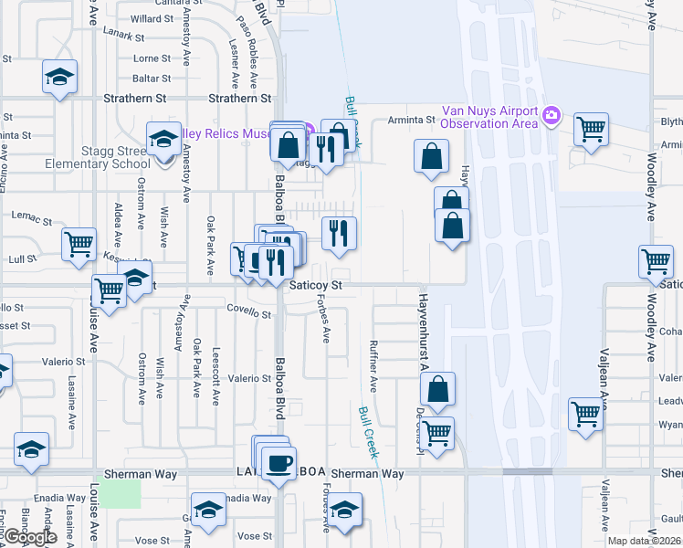 map of restaurants, bars, coffee shops, grocery stores, and more near 16735 Saticoy Street in Los Angeles