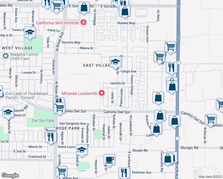 map of restaurants, bars, coffee shops, grocery stores, and more near 773 Isela Street in Oxnard