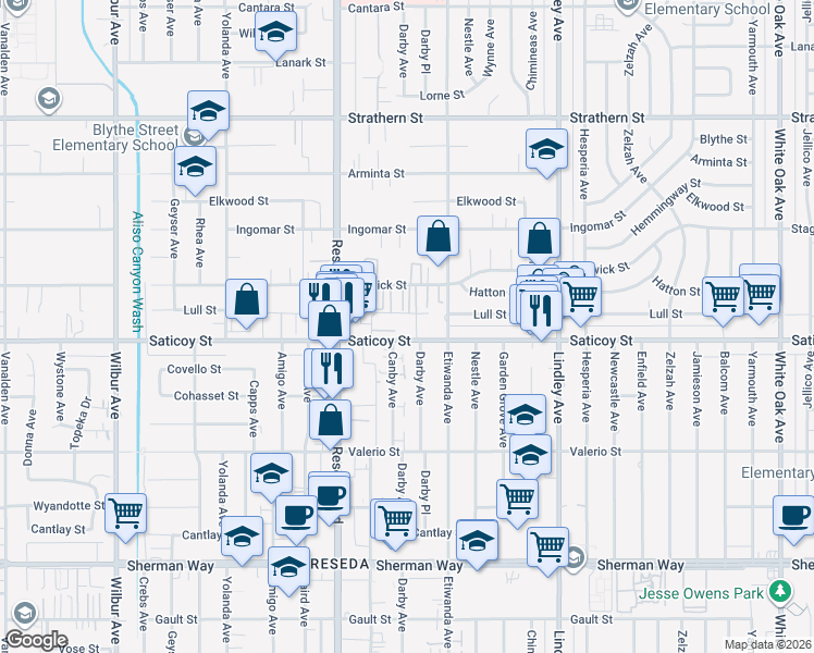 map of restaurants, bars, coffee shops, grocery stores, and more near 18333 Saticoy Street in Los Angeles