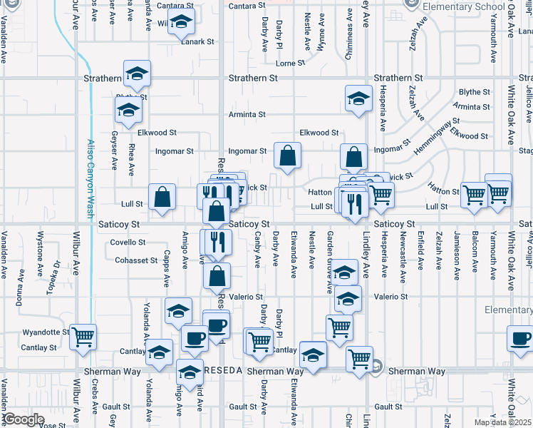 map of restaurants, bars, coffee shops, grocery stores, and more near 18347 Saticoy Street in Los Angeles