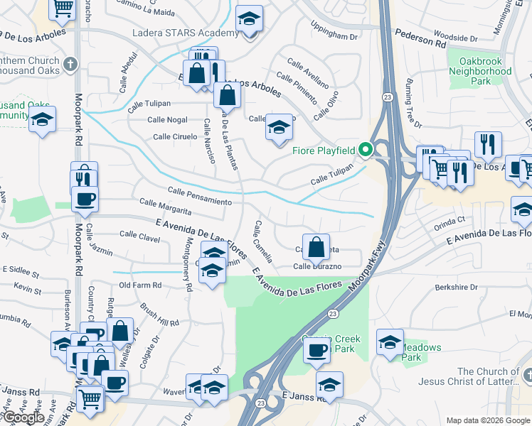map of restaurants, bars, coffee shops, grocery stores, and more near 2325 Calle Lirio in Thousand Oaks