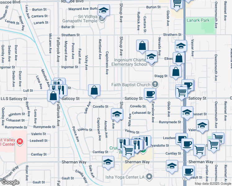 map of restaurants, bars, coffee shops, grocery stores, and more near 22418 Lull Street in Los Angeles