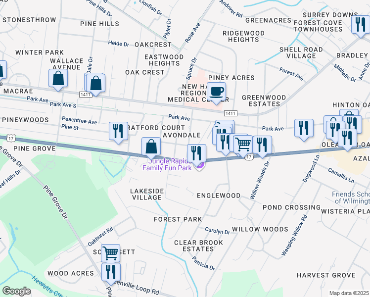 map of restaurants, bars, coffee shops, grocery stores, and more near 202 Hawthorne Drive in Wilmington