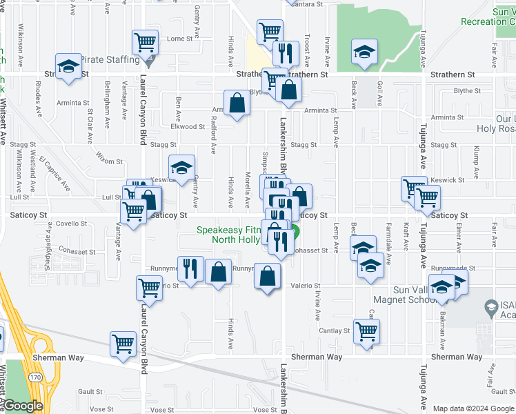 map of restaurants, bars, coffee shops, grocery stores, and more near 11741 Saticoy Street in Los Angeles