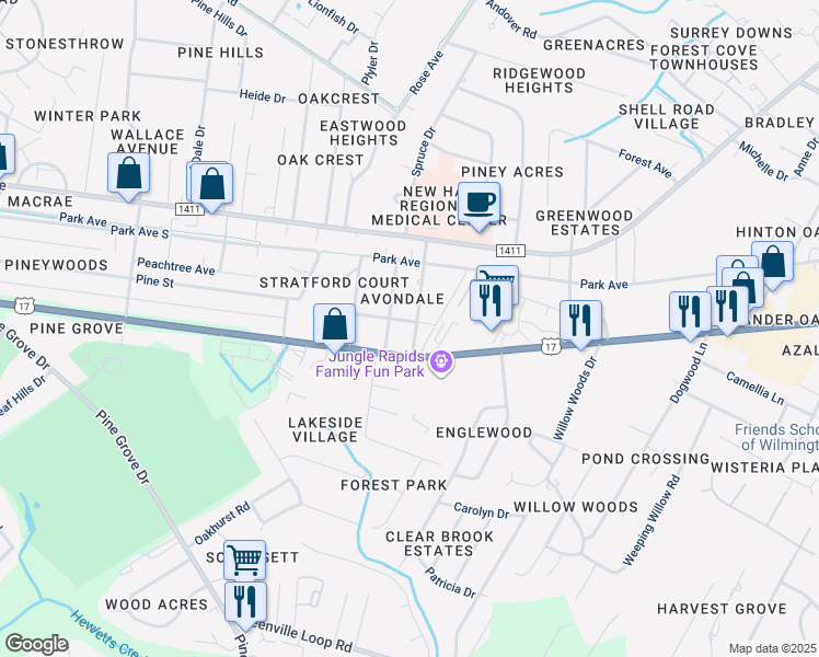 map of restaurants, bars, coffee shops, grocery stores, and more near 202 Hawthorne Drive in Wilmington