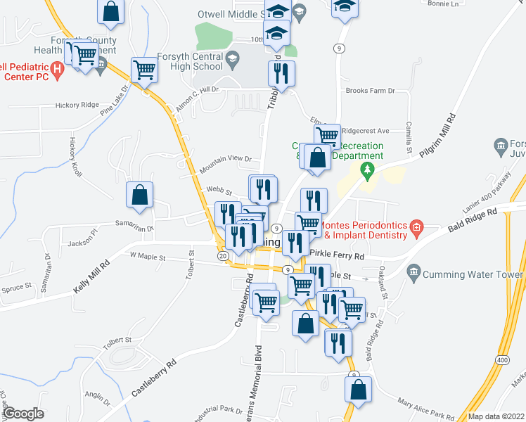 map of restaurants, bars, coffee shops, grocery stores, and more near 125 Tribble Gap Road in Cumming