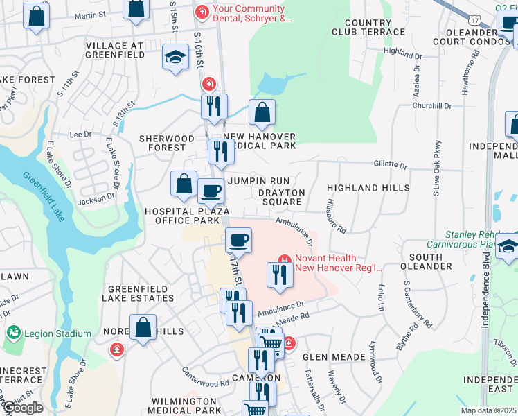 map of restaurants, bars, coffee shops, grocery stores, and more near 2006 Jumpin Run Drive in Wilmington
