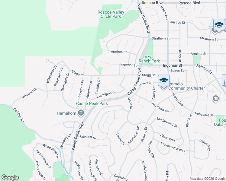 map of restaurants, bars, coffee shops, grocery stores, and more near 24005 Clarington Drive in Los Angeles