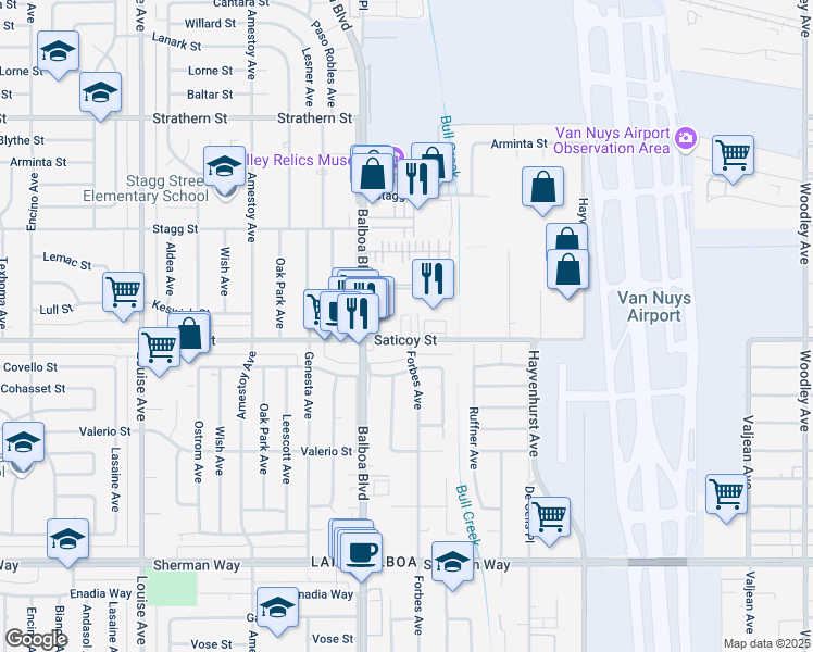 map of restaurants, bars, coffee shops, grocery stores, and more near 16829 Saticoy Street in Los Angeles