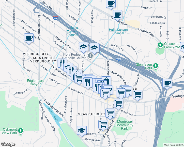 map of restaurants, bars, coffee shops, grocery stores, and more near 3921 Orangedale Avenue in La Crescenta-Montrose