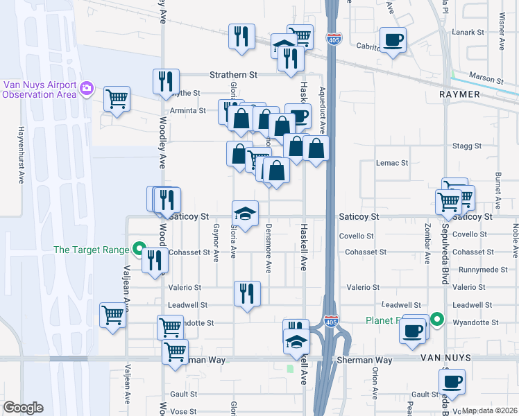 map of restaurants, bars, coffee shops, grocery stores, and more near 15803 Saticoy Street in Los Angeles