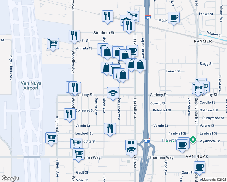 map of restaurants, bars, coffee shops, grocery stores, and more near 15803 Saticoy Street in Los Angeles