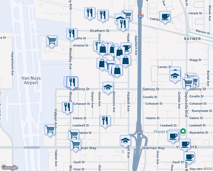 map of restaurants, bars, coffee shops, grocery stores, and more near 15847 Saticoy Street in Los Angeles