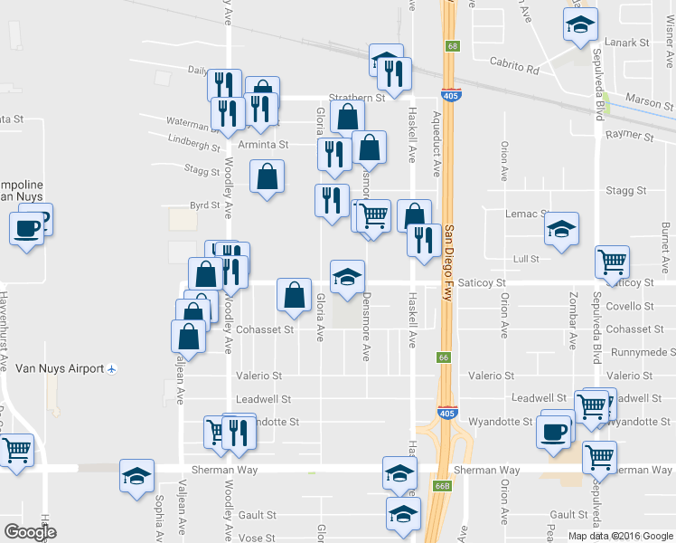 map of restaurants, bars, coffee shops, grocery stores, and more near 15847 Saticoy Street in Los Angeles