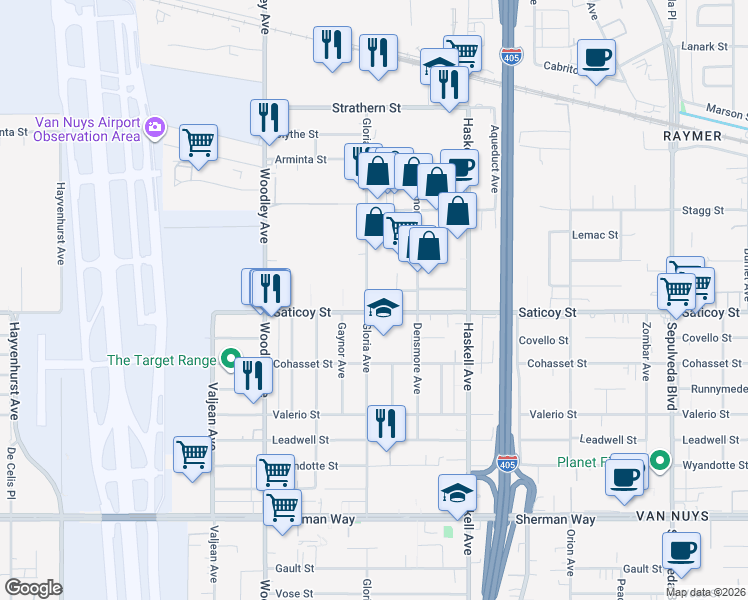 map of restaurants, bars, coffee shops, grocery stores, and more near 15847 Saticoy Street in Los Angeles