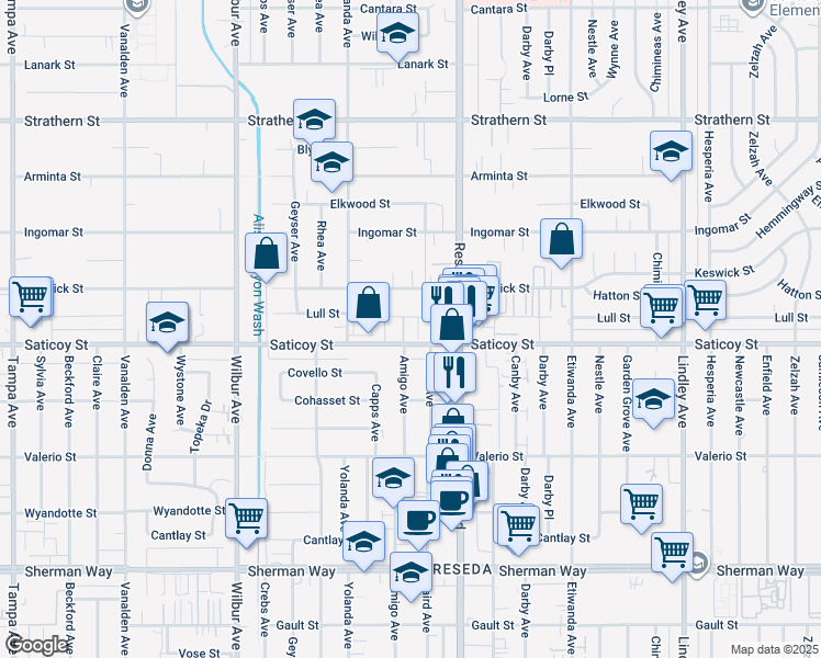 map of restaurants, bars, coffee shops, grocery stores, and more near 18547 Saticoy Street in Los Angeles