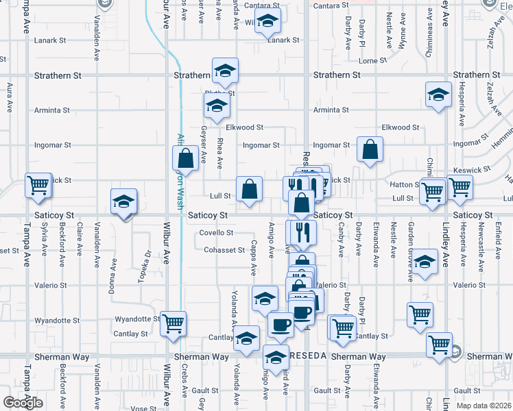 map of restaurants, bars, coffee shops, grocery stores, and more near 18641 Saticoy Street in Los Angeles