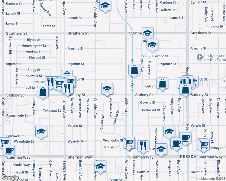 map of restaurants, bars, coffee shops, grocery stores, and more near 18937 Saticoy Street in Los Angeles