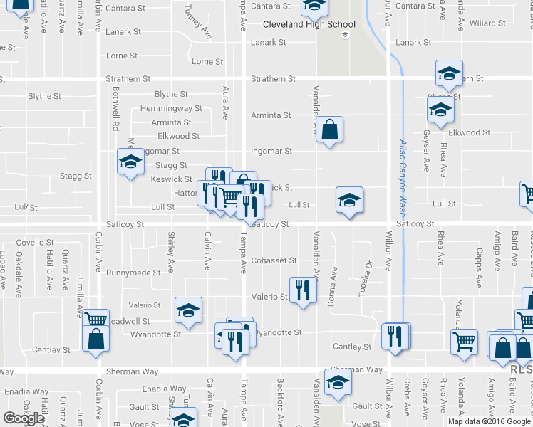 map of restaurants, bars, coffee shops, grocery stores, and more near 19237 Saticoy Street in Los Angeles