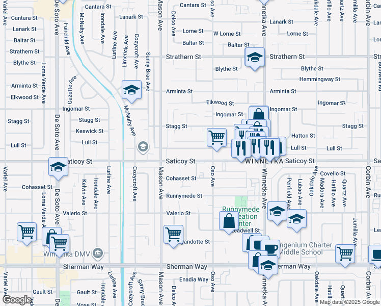 map of restaurants, bars, coffee shops, grocery stores, and more near 20415 Saticoy Street in Los Angeles