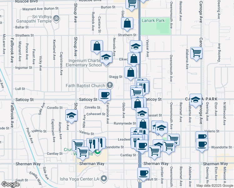 map of restaurants, bars, coffee shops, grocery stores, and more near 7615 Glade Avenue in Los Angeles