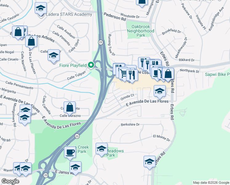 map of restaurants, bars, coffee shops, grocery stores, and more near 2205 Moss Court in Thousand Oaks