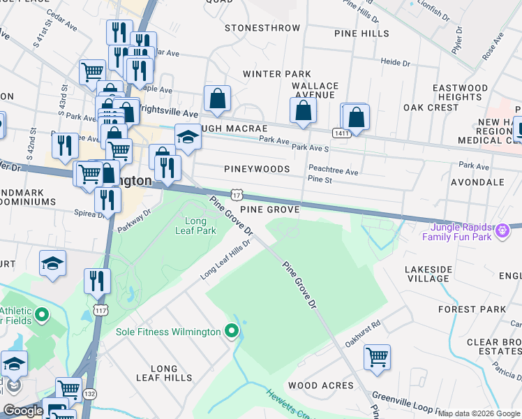 map of restaurants, bars, coffee shops, grocery stores, and more near in Wilmington