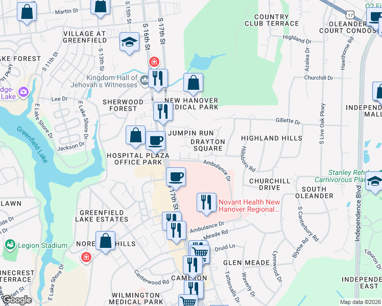 map of restaurants, bars, coffee shops, grocery stores, and more near 2006 Jumpin Run Drive in Wilmington