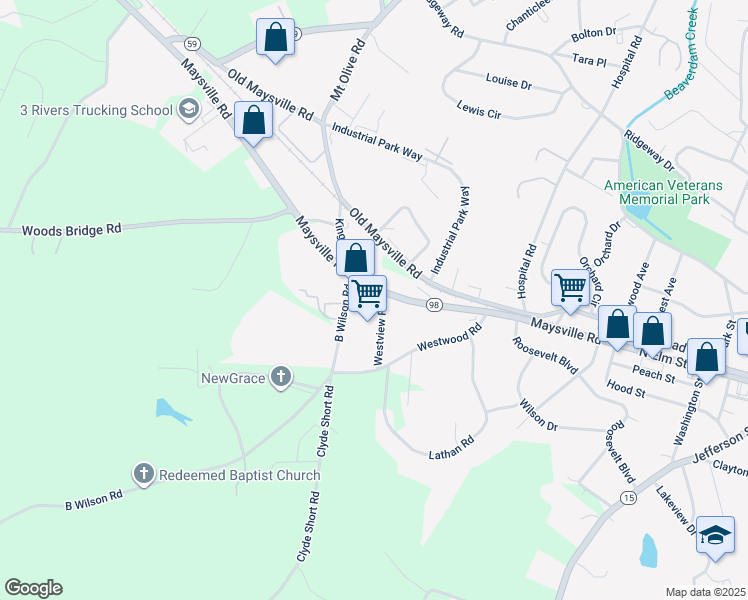 map of restaurants, bars, coffee shops, grocery stores, and more near 3165 Maysville Road in Commerce