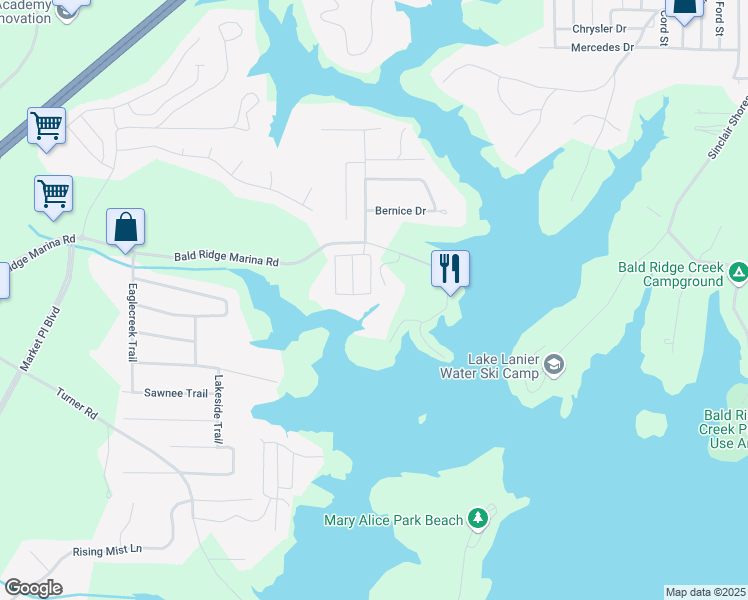 map of restaurants, bars, coffee shops, grocery stores, and more near 2030 Driftwood Circle in Cumming