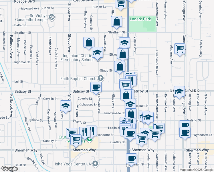 map of restaurants, bars, coffee shops, grocery stores, and more near 7615 Glade Avenue in Los Angeles