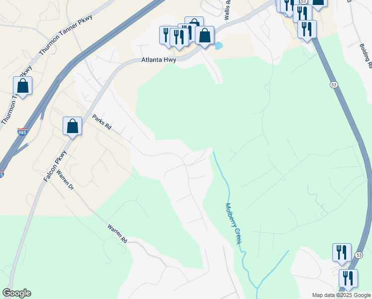 map of restaurants, bars, coffee shops, grocery stores, and more near 3989 Echo Point in Flowery Branch