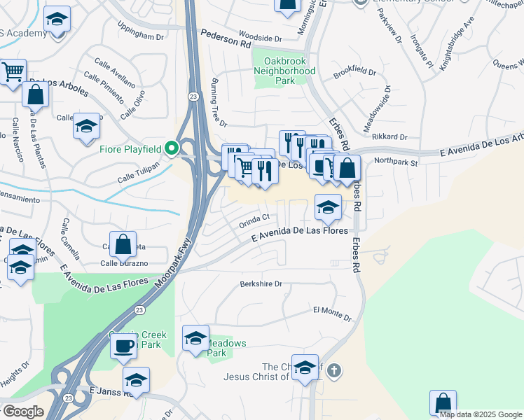 map of restaurants, bars, coffee shops, grocery stores, and more near 2196 Dawn Court in Thousand Oaks