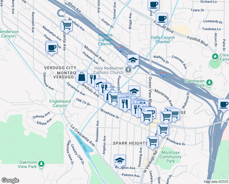 map of restaurants, bars, coffee shops, grocery stores, and more near 3910 Sunset Avenue in La Crescenta-Montrose