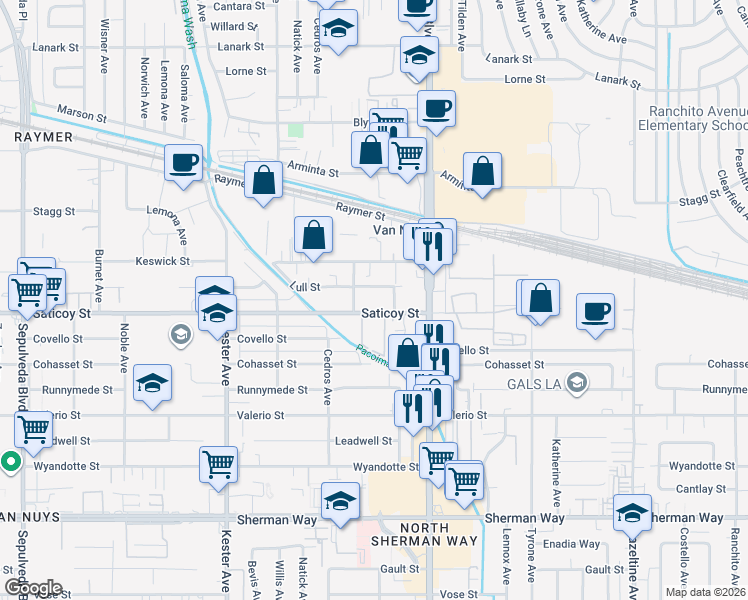 map of restaurants, bars, coffee shops, grocery stores, and more near 14609 Saticoy Street in Los Angeles