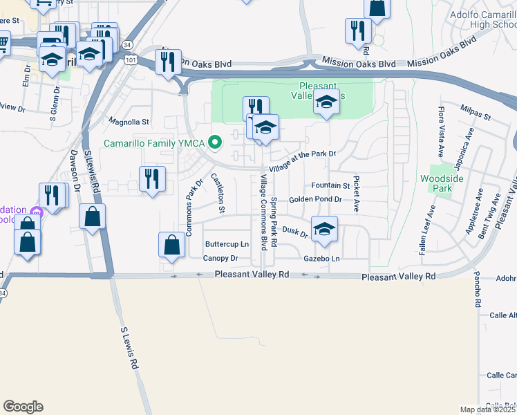map of restaurants, bars, coffee shops, grocery stores, and more near 381 Village Commons Boulevard in Camarillo