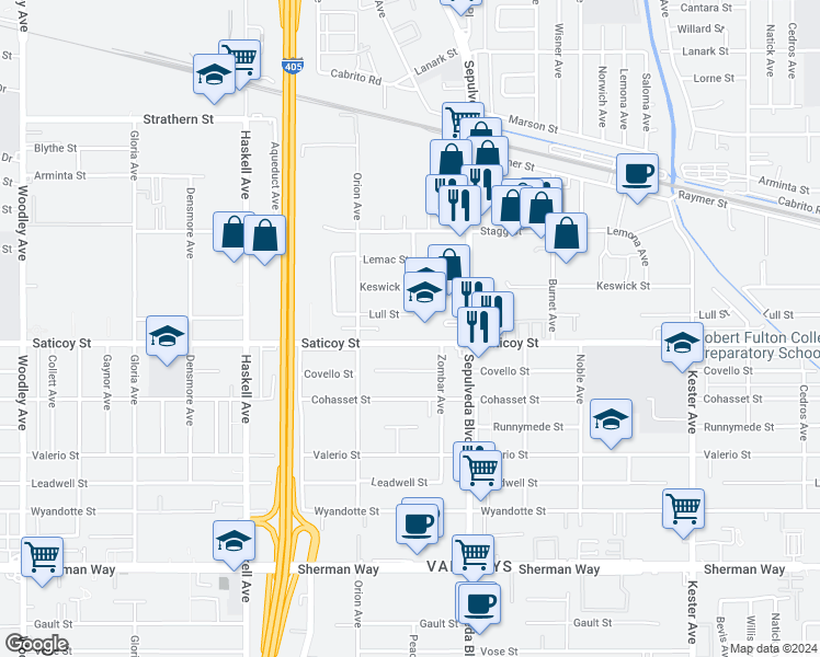 map of restaurants, bars, coffee shops, grocery stores, and more near 15401 Saticoy Street in Van Nuys